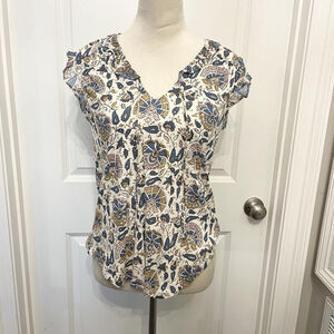Lucky Brand Women's Size‎ M Ruffle Collar & Sleeve Floral V Neck Casual Top $49